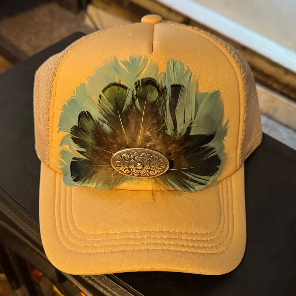 NWOT Feather Embellished Tan Cap